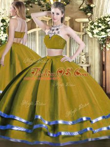 Free and Easy Floor Length Two Pieces Sleeveless Olive Green Sweet 16 Dresses Backless