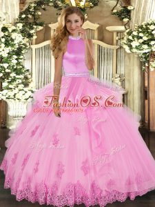 Romantic Rose Pink Tulle Backless Halter Top Sleeveless Floor Length Sweet 16 Quinceanera Dress Beading and Ruffles