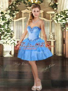Adorable Baby Blue Sleeveless Mini Length Beading and Ruffled Layers Lace Up Prom Dresses