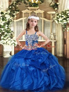 Sleeveless Floor Length Appliques and Ruffles Lace Up Girls Pageant Dresses with Blue