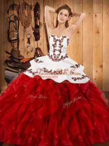 Vintage Sleeveless Floor Length Embroidery and Ruffles Lace Up Quinceanera Dress with Wine Red
