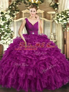 Hot Sale Ball Gowns Quinceanera Gowns Fuchsia V-neck Organza Sleeveless Floor Length Backless