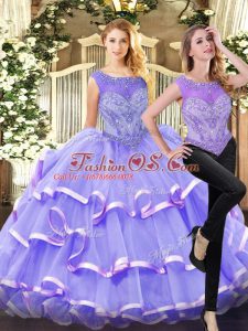 Lavender Quinceanera Dresses Military Ball and Sweet 16 and Quinceanera with Beading and Ruffled Layers Scoop Sleeveless Lace Up
