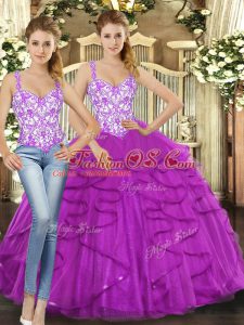 Straps Sleeveless Tulle Quince Ball Gowns Beading and Ruffles Lace Up