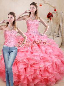 Sleeveless Floor Length Beading and Ruffles Lace Up 15th Birthday Dress with Watermelon Red