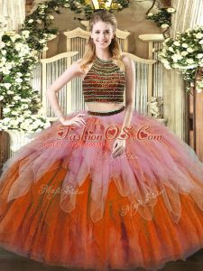Multi-color Quinceanera Dress Military Ball and Sweet 16 and Quinceanera with Beading and Ruffles Halter Top Sleeveless Lace Up