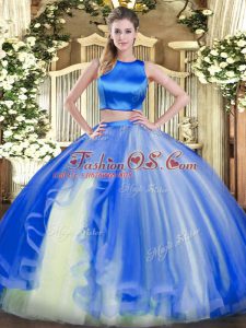 Ruffles Ball Gown Prom Dress Blue Criss Cross Sleeveless Floor Length