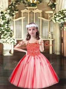 Coral Red Sleeveless Beading Floor Length Little Girls Pageant Dress