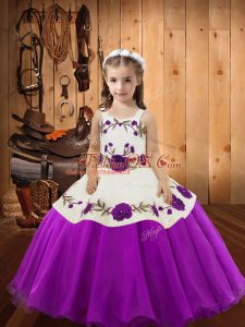 Fancy Straps Sleeveless Kids Pageant Dress Floor Length Embroidery Purple Organza