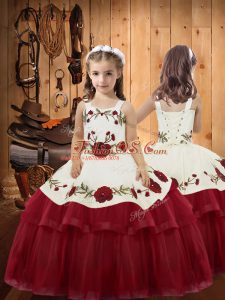 Ball Gowns Child Pageant Dress Wine Red Straps Organza Sleeveless Floor Length Lace Up