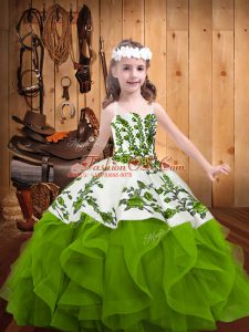 Attractive Organza Straps Sleeveless Lace Up Embroidery and Ruffles Little Girls Pageant Dress in Olive Green