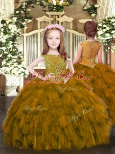 Brown Organza Zipper Pageant Dress for Girls Sleeveless Floor Length Beading and Ruffles