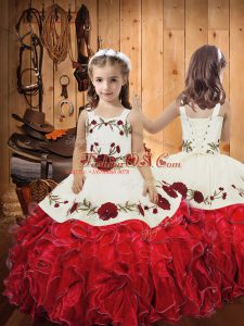 Adorable Embroidery and Ruffles Pageant Gowns For Girls Red Lace Up Sleeveless Floor Length
