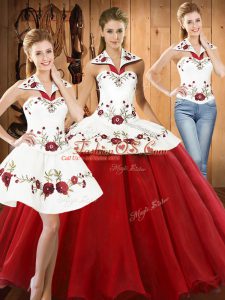 Embroidery Quinceanera Dresses Wine Red Lace Up Sleeveless Floor Length