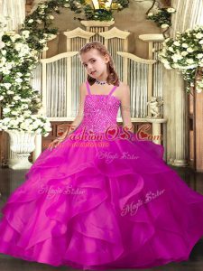 Graceful Sleeveless Floor Length Ruffles Lace Up Girls Pageant Dresses with Fuchsia