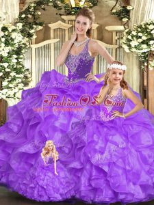 Floor Length Lace Up Quinceanera Gown Eggplant Purple for Military Ball and Sweet 16 and Quinceanera with Beading and Ruffles