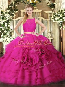 Delicate Hot Pink Zipper Quinceanera Dress Ruffles Sleeveless Floor Length