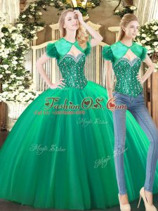 Luxury Green Tulle Lace Up Sweetheart Sleeveless Floor Length Sweet 16 Quinceanera Dress Beading