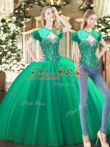 Luxury Green Tulle Lace Up Sweetheart Sleeveless Floor Length Sweet 16 Quinceanera Dress Beading
