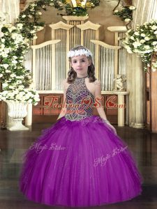 Floor Length Purple Little Girl Pageant Dress Halter Top Sleeveless Lace Up