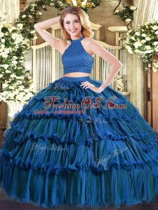 Superior Blue Organza Backless Quince Ball Gowns Sleeveless Floor Length Beading and Ruffled Layers