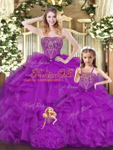 Most Popular Beading and Ruffles 15 Quinceanera Dress Purple Lace Up Sleeveless Floor Length