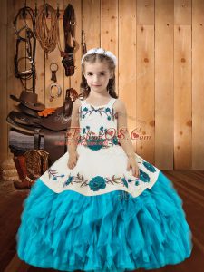 Lovely Baby Blue Organza Lace Up Pageant Gowns For Girls Sleeveless Floor Length Embroidery and Ruffles
