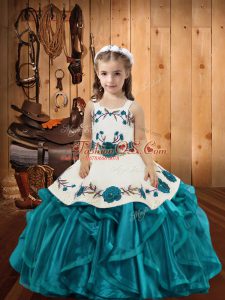 Teal Lace Up Little Girl Pageant Gowns Embroidery and Ruffles Sleeveless Floor Length