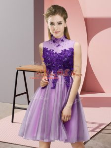 Customized Lilac Lace Up High-neck Appliques Court Dresses for Sweet 16 Tulle Sleeveless