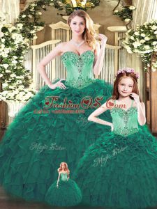 Sweetheart Sleeveless Quinceanera Dress Floor Length Beading and Ruffles Dark Green Tulle