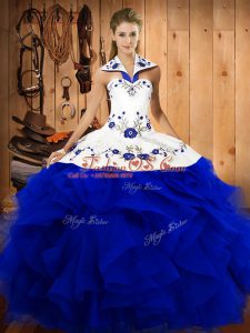 Noble Floor Length Royal Blue Sweet 16 Dress Tulle Sleeveless Embroidery and Ruffles
