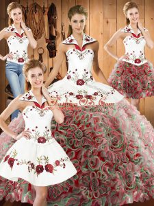 Glorious Sleeveless Embroidery Lace Up Quinceanera Dress with Multi-color Sweep Train