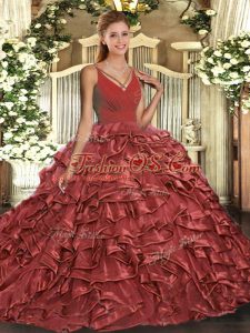 Coral Red Backless Sweet 16 Dress Ruffles Sleeveless With Train Sweep Train