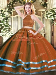 Sumptuous Sleeveless Tulle Floor Length Backless Quinceanera Gown in Rust Red with Beading