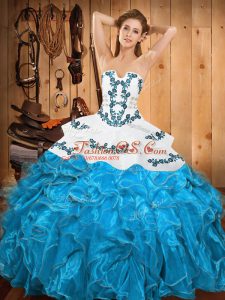 Hot Sale Embroidery and Ruffles Quince Ball Gowns Teal Lace Up Sleeveless Floor Length