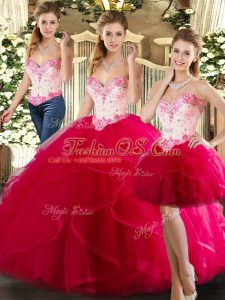 High End Hot Pink Three Pieces Sweetheart Sleeveless Organza Floor Length Lace Up Beading and Ruffles Sweet 16 Quinceanera Dress