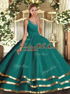 Designer Turquoise Tulle Backless V-neck Sleeveless Floor Length Quinceanera Gowns Ruching