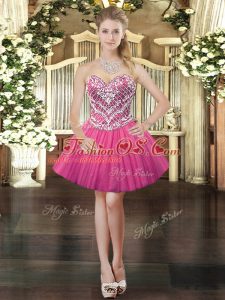 Mini Length Hot Pink Evening Dress Sweetheart Sleeveless Lace Up
