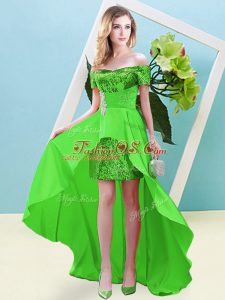 Fashion High Low Green Prom Dresses Elastic Woven Satin and Sequined Short Sleeves Beading