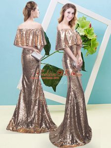 Half Sleeves Floor Length Sequins Zipper Prom Evening Gown with Gold