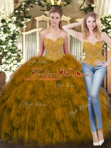 Olive Green Tulle Lace Up Sweetheart Sleeveless Floor Length Sweet 16 Dress Beading and Ruffles