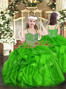 Custom Fit Organza Straps Sleeveless Lace Up Beading and Ruffles Pageant Gowns For Girls in Green