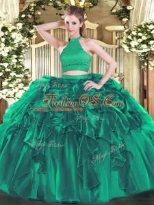 Low Price Turquoise Sleeveless Floor Length Beading and Ruffles Backless Sweet 16 Dress