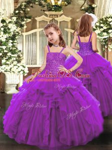 Purple Ball Gowns Organza Straps Sleeveless Beading and Ruffles Floor Length Lace Up Pageant Dress Toddler