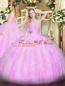 Most Popular Lilac Ball Gowns Beading and Ruffles 15 Quinceanera Dress Lace Up Organza Sleeveless Floor Length
