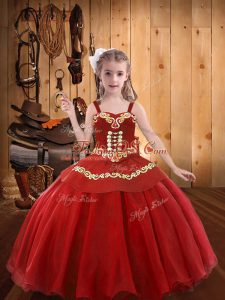 Dazzling Floor Length Ball Gowns Sleeveless Red Little Girl Pageant Gowns Lace Up