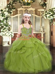 Dramatic Tulle Straps Sleeveless Lace Up Beading and Ruffles Child Pageant Dress in Olive Green