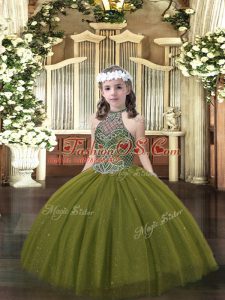 Discount Beading Little Girls Pageant Gowns Olive Green Lace Up Sleeveless Floor Length