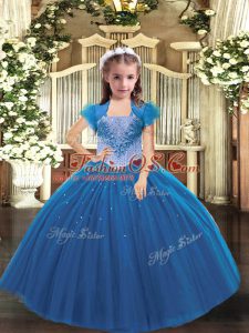 Blue Straps Neckline Beading Girls Pageant Dresses Sleeveless Lace Up