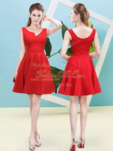 Satin Asymmetric Sleeveless Zipper Ruching Quinceanera Court of Honor Dress in Red